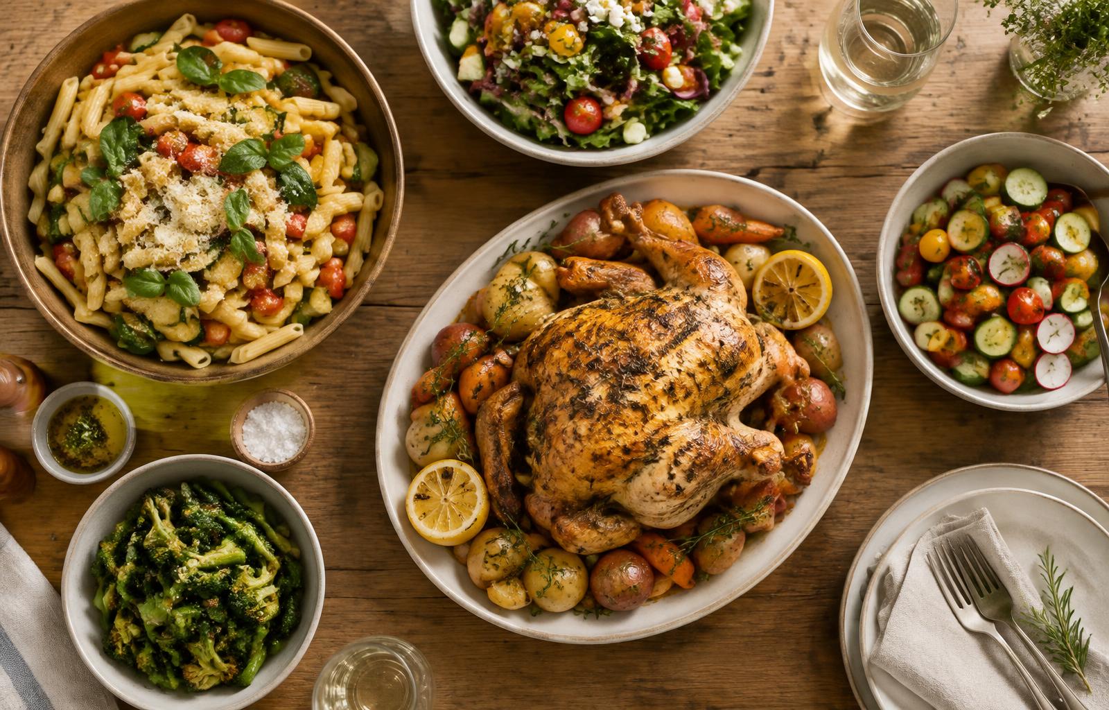 A warm, healthy family meal with roasted chicken, pasta and colourful salads on a wooden table