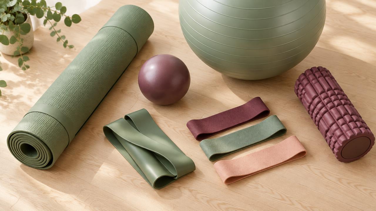 Pilates-toerusting op ’n houtvloer: mat, gymbal, bande en skuimroller